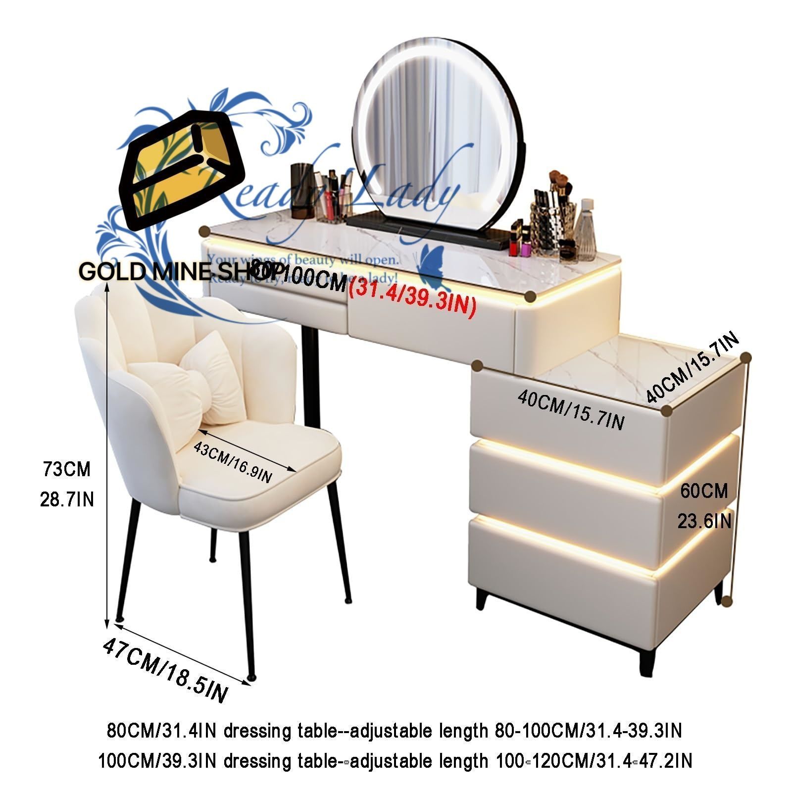 サイドキャビネット付き化粧台 ライトミラー付き化粧台セット 引き出し付き化粧台 明るさ調整 な3つの照明モード お姫系 鏡台 化粧台収納 100cm