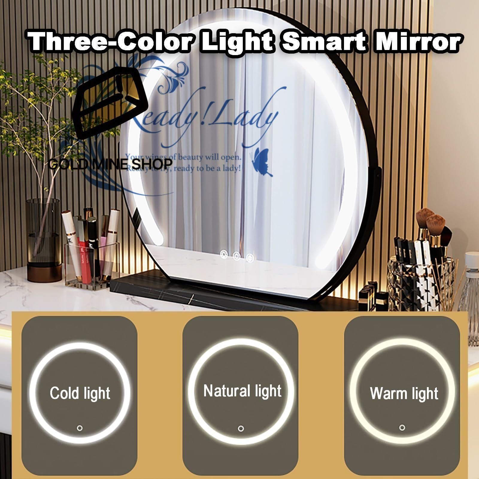 サイドキャビネット付き化粧台 ライトミラー付き化粧台セット 引き出し付き化粧台 明るさ調整 な3つの照明モード お姫系 鏡台 化粧台収納 100cm MARWIL-DEMENAGEMENTS_CH