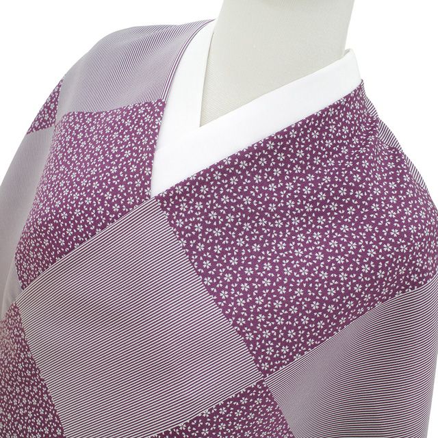 新古品 長襦袢 反物 正絹 襦袢 古代紫 市松 ストライプ 小桜 カジュアル 長さ13 5m 袷 単衣 長じゅばん 未仕立て品 みやがわ sb16552