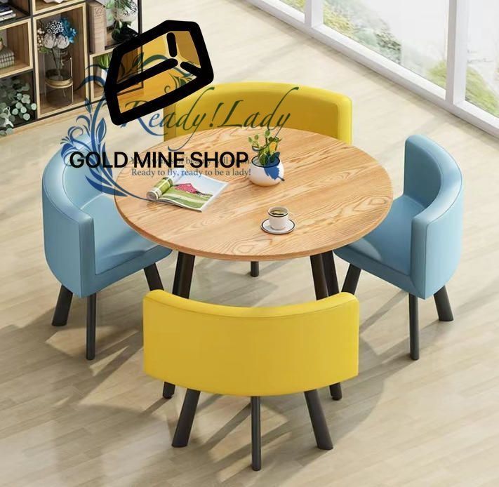 ダイニングセット カフェーテーブル 4人用 円形 食卓セット ダイニングテーブル 椅子 5点セット 4人掛け テーブル1点 チェア4脚 省スペース 丸型 会議テーブル オフィス リビング ベランダ 待合室 喫茶店 ホテル適用 レザー22 90cm