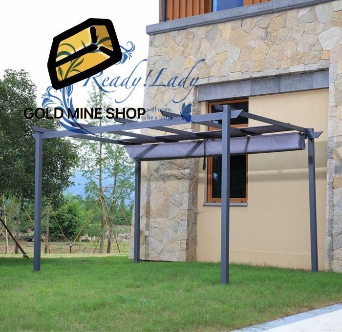 パーゴラ カーポート テラス屋根 ガゼボ シェード付 押し引き幌 日除け シェード オーニング 大型 アルミ合金製 ワンタッチタープテント 手働伸縮 日よけ 駐車場 屋外 庭 パティオ デッキ 裏庭 芝生用 シルバー 3 3m