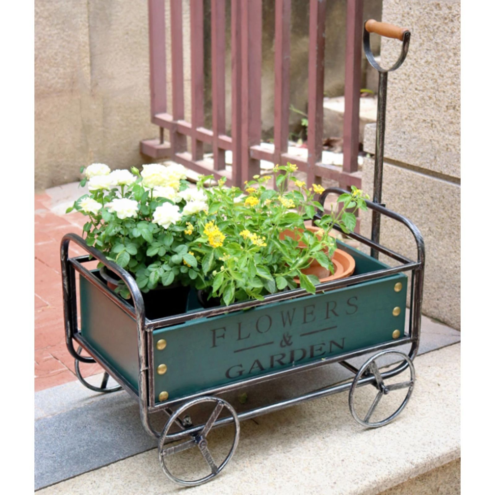 屋外用アイアンフラワースタンド クリエイティブトロリー花台 56cm32cm58cm 錆びたアンティークデザイン 庭の造園装飾品 取り外し な