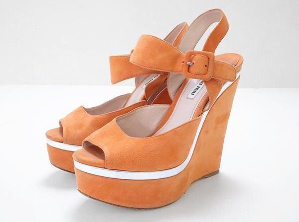 miu miu スエード プラットフォーム ストラップ ウエッジソール サンダル 38サイズ 約25cm オレンジ ミュウミュウ G104