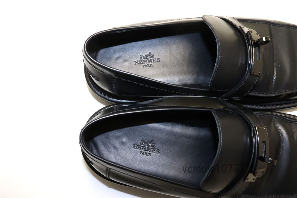 近年モデル 美 HERMES モカシン 黒金具 ケリー レザー シューズ 42 エルメス 1023 wv 455-3 K