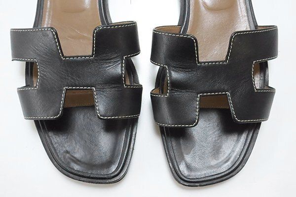  HERMES オラン Hロゴ フラット サンダル 黒 37. 約24.5 cm カーフレザー エルメス G 104 サンダル サンダル ミュール
