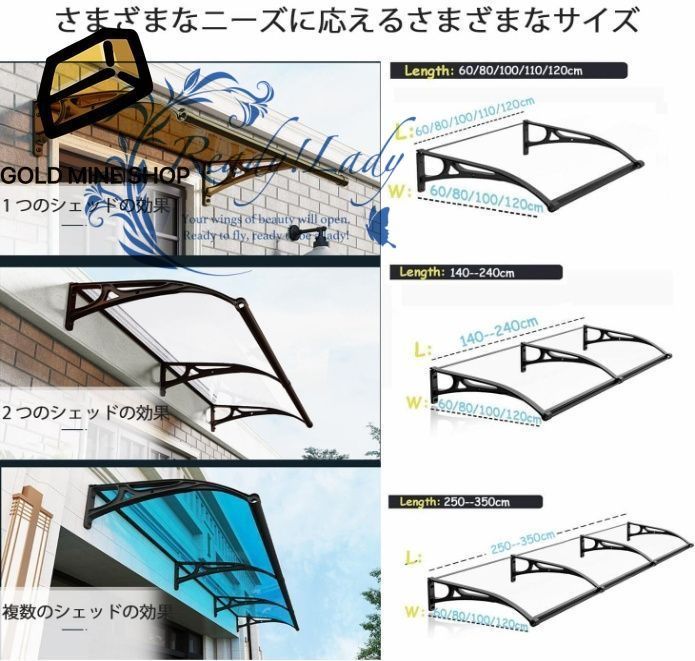 住宅用ひさし サンシェード オーニング屋根ひ PCポリカーボネート オーニング 雨雪保護 パティオ日除け 梅雨対策 庇 後付け シェルタートランスペアレント 屋根カバー 厚さ2.5mm アルミ合金ブラケット 草の緑-60x200cm