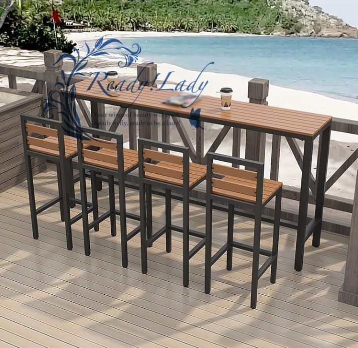 カウンターテーブルセット5点セットベランダ テーブルセットカウンターチェア 屋外 ダイニングテーブル ハイテーブル 食卓テーブル キッチンテーブル木製のテーブルトップ 金属フレーム 簡単な組み立て 160CM