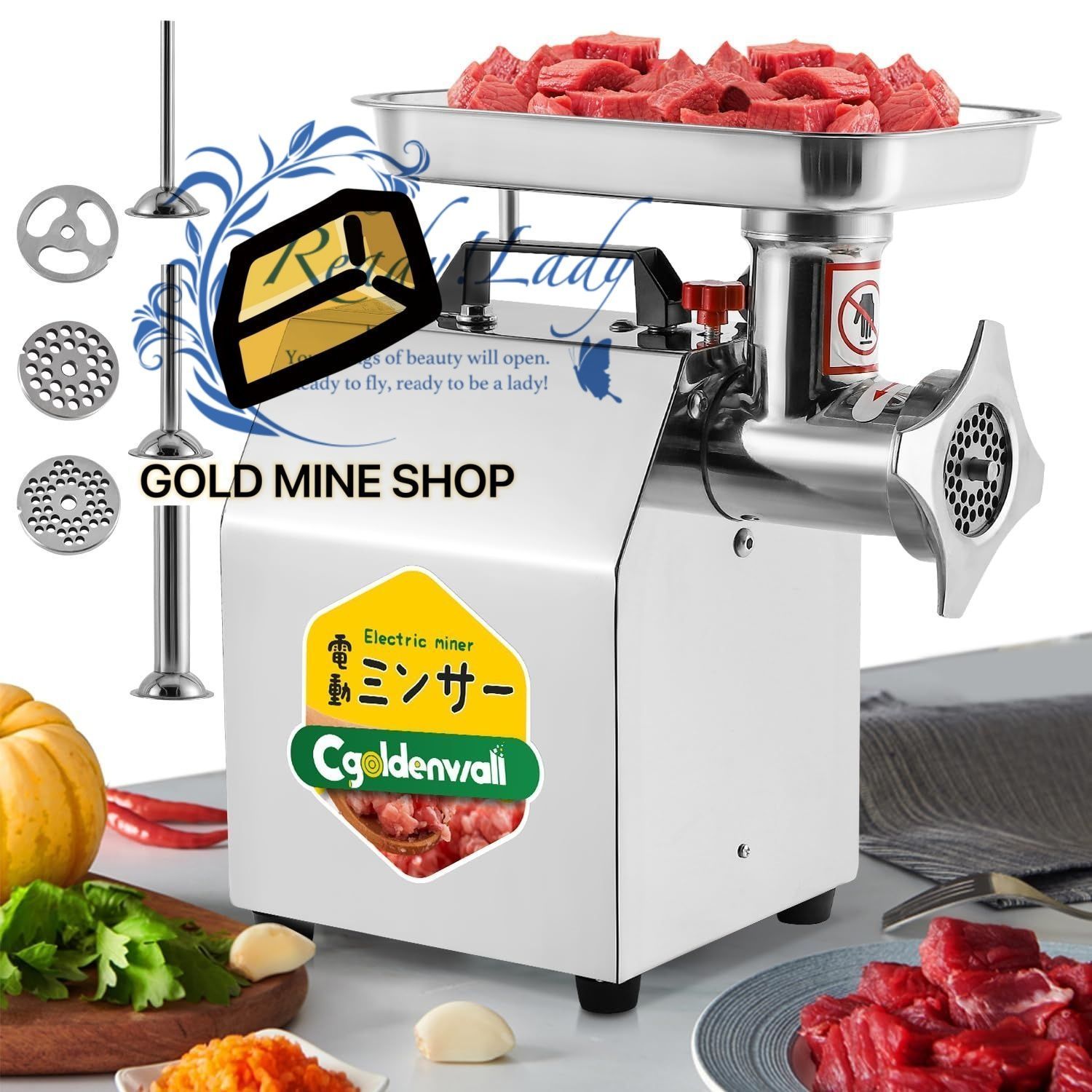 電動ミンサー 1100W 電動ひき肉機 304 ステンレス製 食用級 電動ミンチ機 業務用6mm 8mm 3穴 3枚刃付き 12 18 30mm 3つソーセージアタッチメント付き 水洗いでき