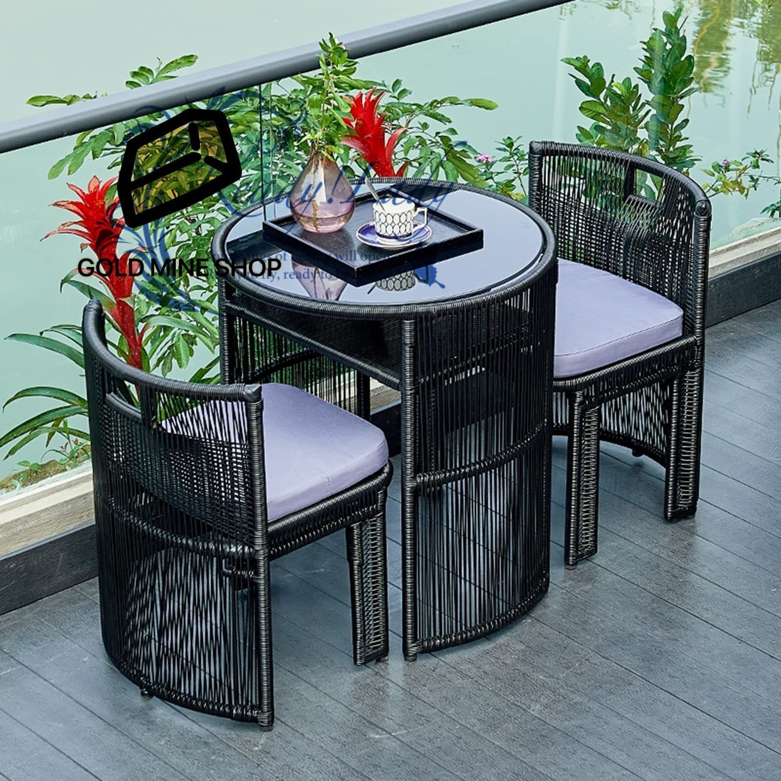ガーデンソファー ラタン調 テーブル-チェア3点セット テーブル×1 チェア×2 屋外 人工ラタン ガーデンチェア テーブル ホテル カフェ ベランダ テラスガーデニング 庭ブルーマット付き組み立て不要 お洒落