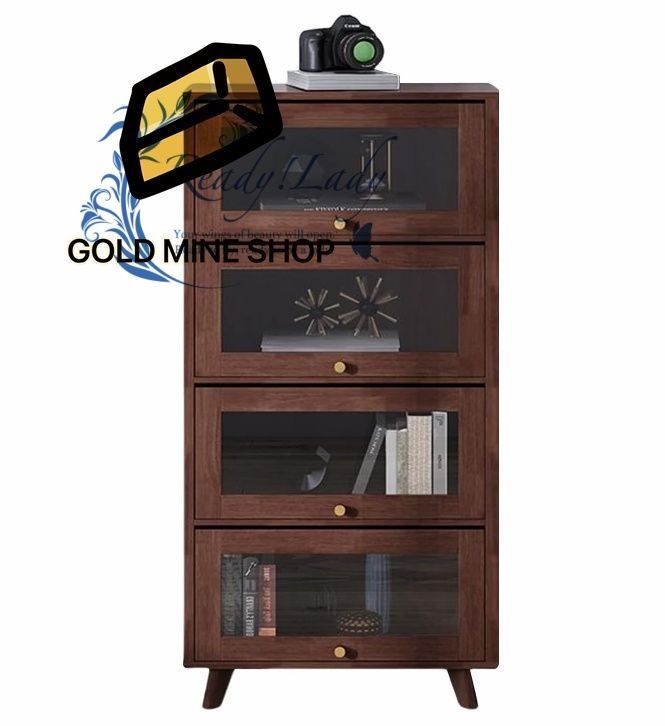 木製本棚 ゴムの木材 4段 ブラウン 置物棚 透明ガラスフリップアップドア スリム おしゃれ ブックラック 絵本棚 収納ラック 省スペース コンパクト リビングルーム 部屋 漫画 収納 小物置き コミック cd おもちゃ 北欧 アパート