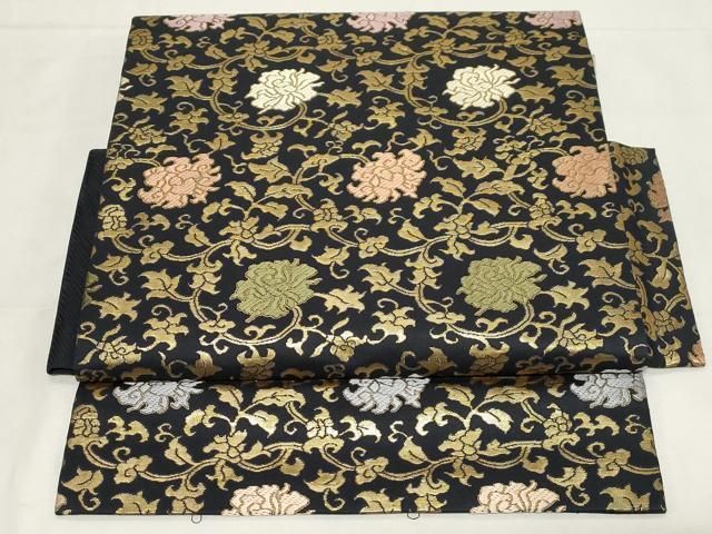 平和屋着物 つけ帯 更紗花文 黒地 金糸 正絹 CAAZ6481dy
