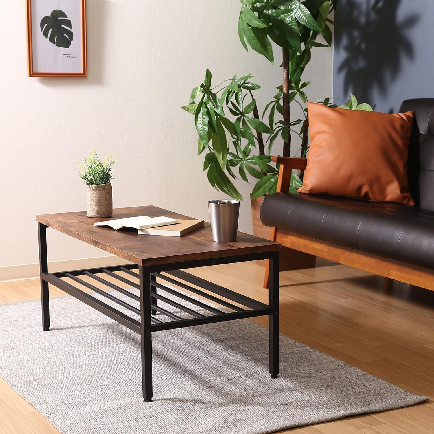 商品 不二貿易 ローテーブル リビングテーブル 幅80×奥行40×高さ37cm ブラウン ヴィンテージ風 収納棚付き 組立商品 ナビア 14643