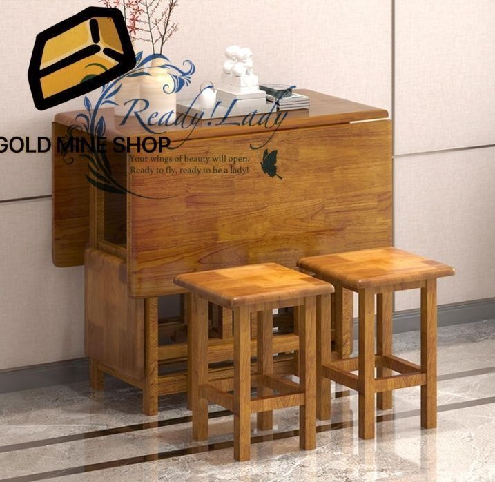 折りたたみ式ダイニングテーブルセット スツール4脚付き 幅47インチ x 奥行き31インチ 高さ30インチ 伸長式無垢材ドロップリーフテーブル キャスター付き 省スペース