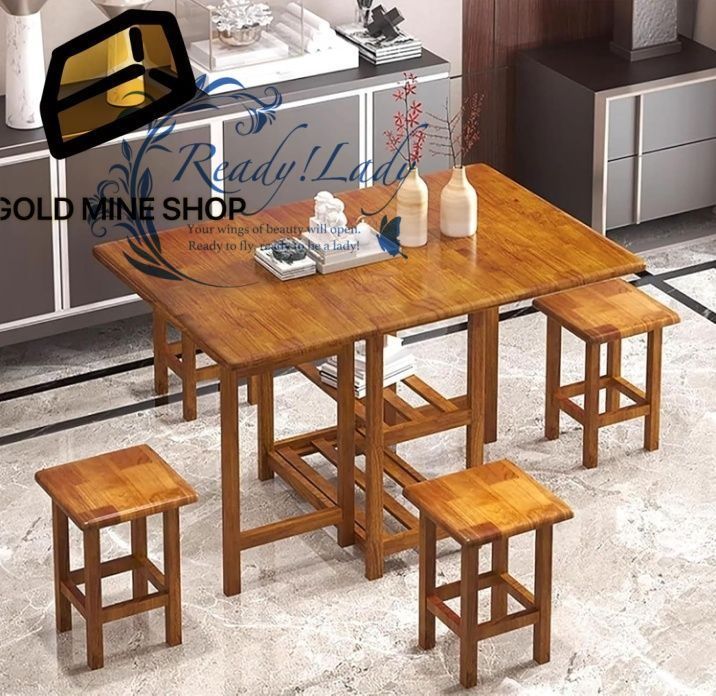 折りたたみ式ダイニングテーブルセット スツール4脚付き 幅47インチ x 奥行き31インチ x 高さ30インチ 伸長式無垢材ドロップリーフテーブル キャスター付き 省スペース