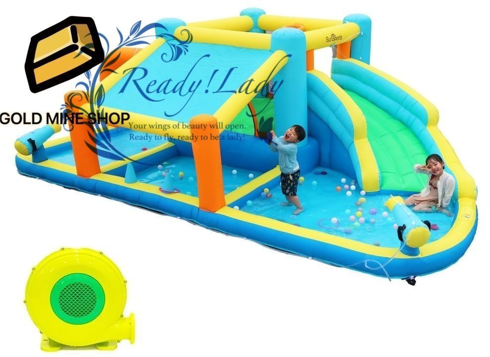 乾湿両用|送風機付き トランポリン プール 522 × 344 × 174cm 屋根付き スライド ボールプール 大型 特大 すべり台 スライダー バウンサー ウォータースライダー 家庭用 子供用 遊具 インフレータブル 単品