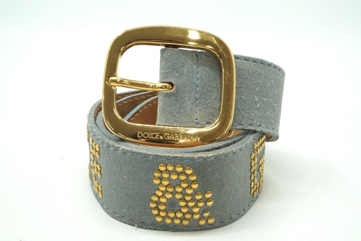 ドルチェ-ガッバーナ 80 32 ワイドベルト スタッズ ロゴバックル スエードレザー 水色 ブルー Dolce-Gabbana 4256k
