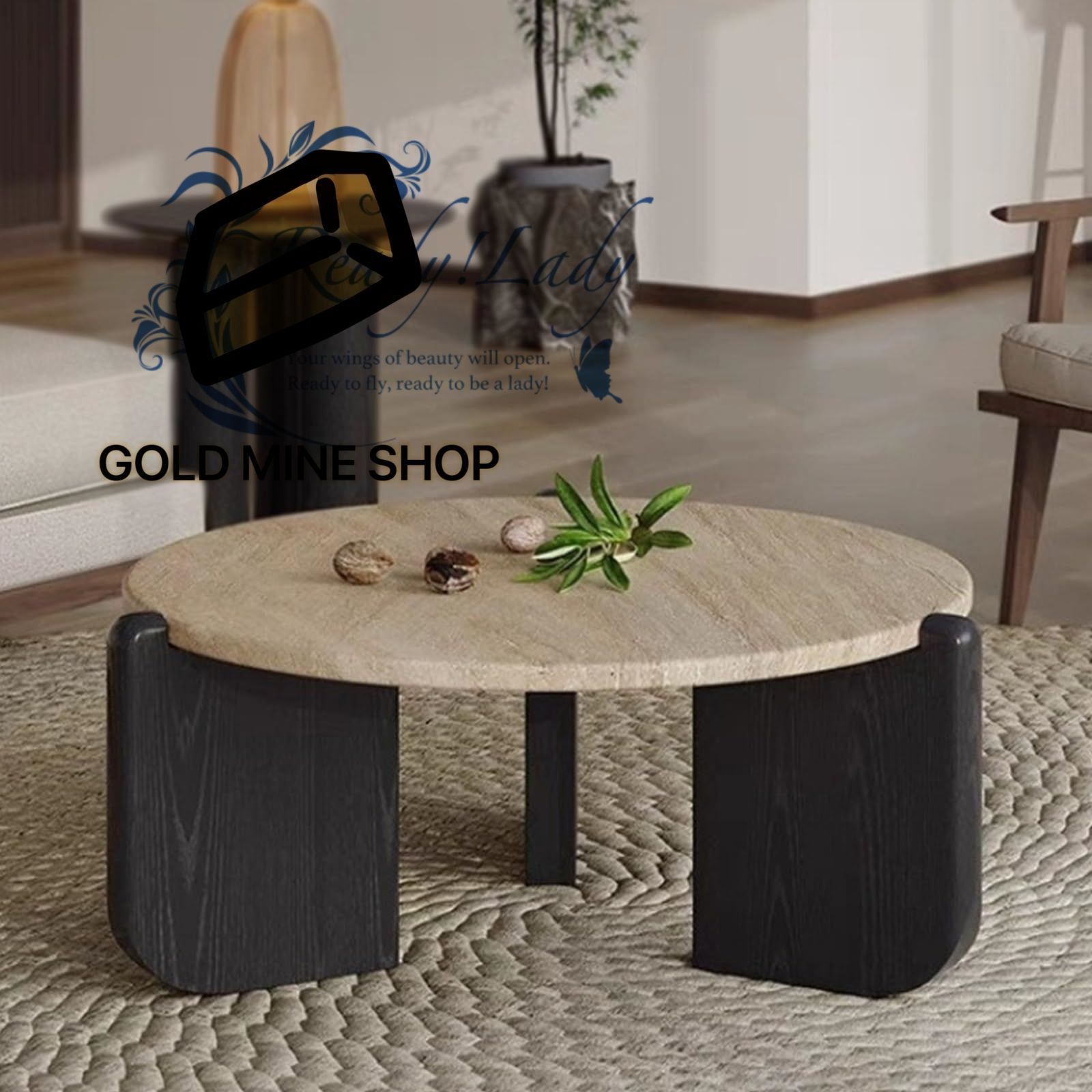 コーヒーテーブル ソファテーブル センターテーブル 座卓 ローテーブル サイドテーブル 天然トラバーチン 無垢材 耐久性 防水性と耐傷性 取り付けが簡単 強力な耐荷重性 安定した構造 バルコニーなどのスペースに適しています 丸型ブラック 90X35cm