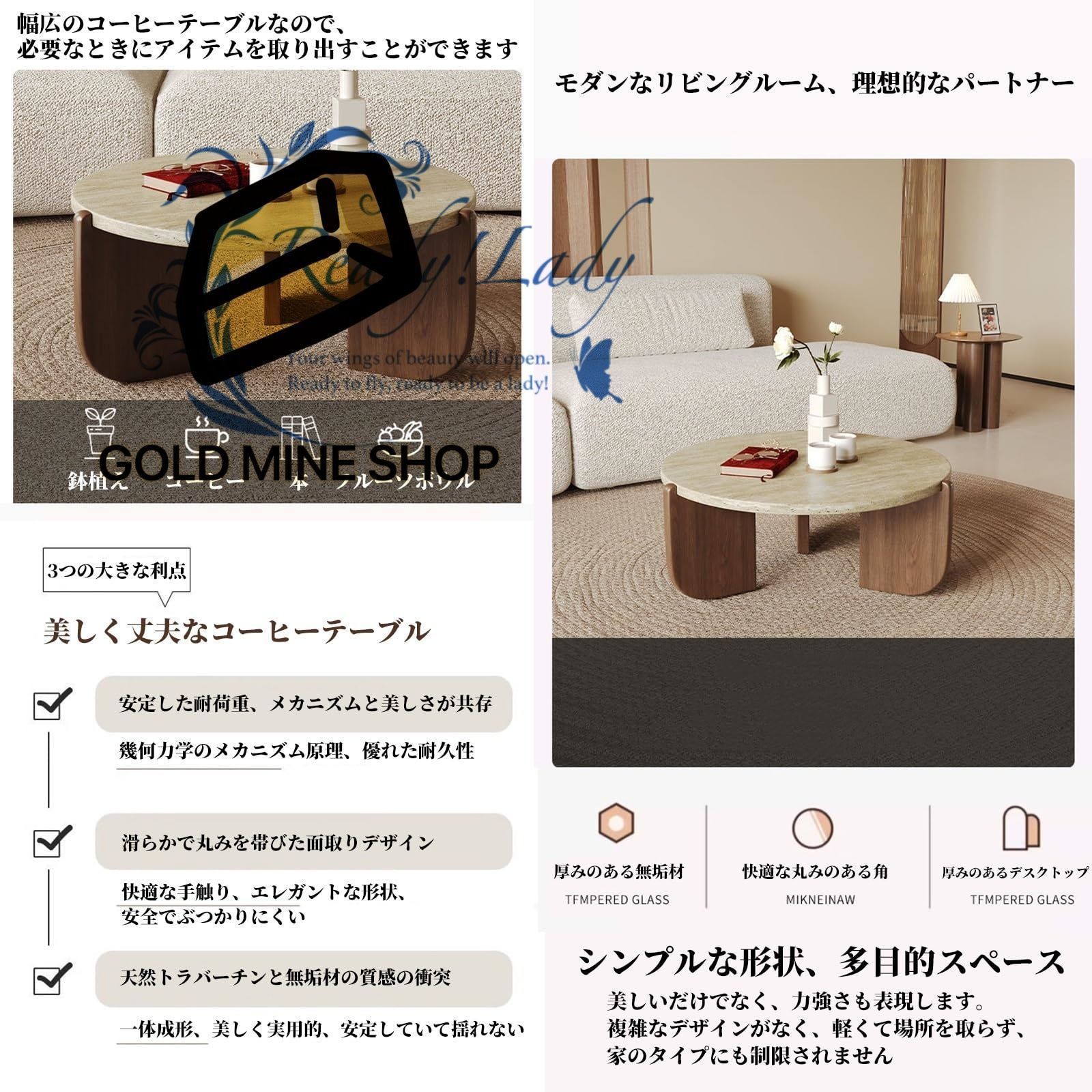 コーヒーテーブル ソファテーブル センターテーブル 座卓 ローテーブル サイドテーブル 天然トラバーチン 無垢材 耐久性 防水性と耐傷性 取り付けが簡単 強力な耐荷重性 安定した構造 バルコニーなどのスペースに適しています 丸型ブラック 90X35cm MARWIL-DEMENAGEMENTS_CH