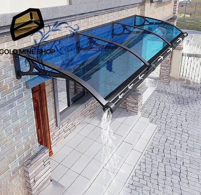 住宅用ひさし サンシェード オーニング屋根ひ PCポリカーボネート オーニング 雨雪保護 パティオ日除け 梅雨対策 庇 後付け シェルタートランスペアレント 屋根カバー 厚さ2.5mm アルミ合金ブラケット 青-60x200cm
