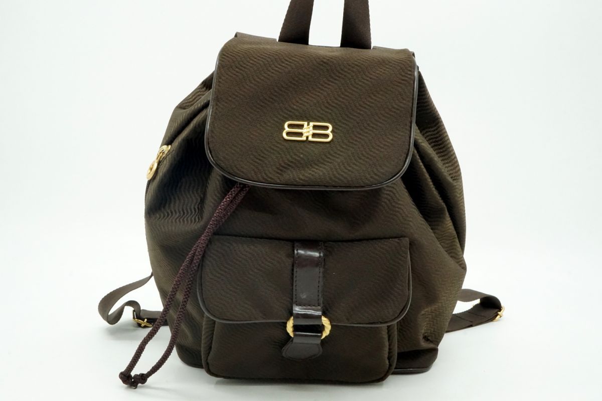 バレンシアガ バックパック バッグ リュック 巾着 BBロゴ ヘリンボーン柄 ナイロン 茶 ブラウン BALENCIAGA 4262h