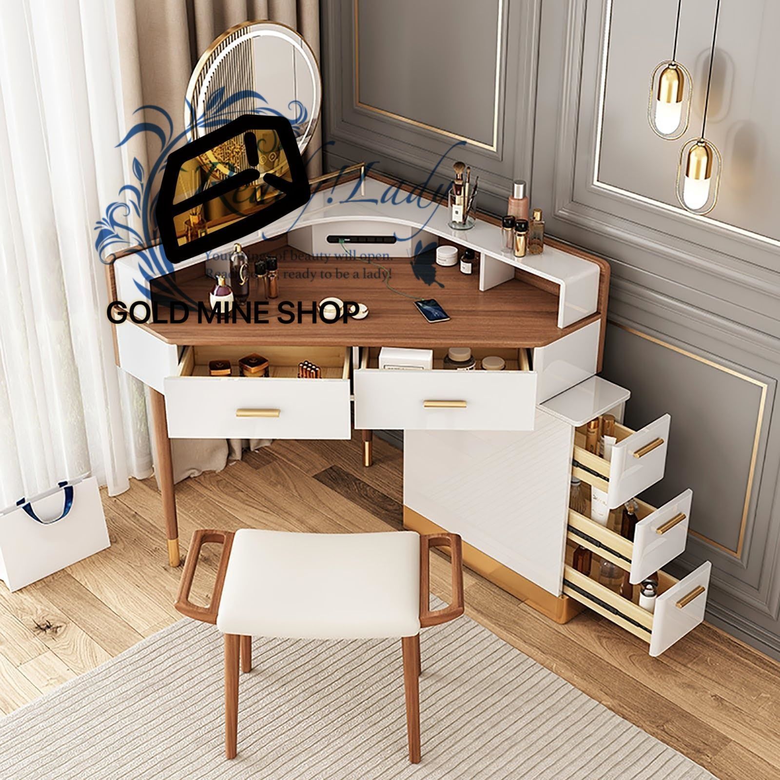 鏡付きバニティデスク 大きな引き出し付きコーナードレッシングテーブル 3つの照明モード調整 な明るさ 寝室に最適