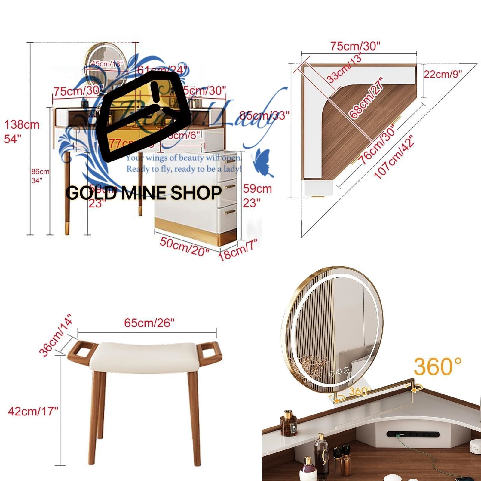 鏡付きバニティデスク 大きな引き出し付きコーナードレッシングテーブル 3つの照明モード調整 な明るさ 寝室に最適