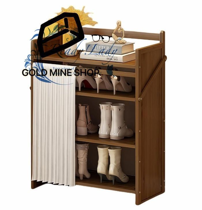 シューズラック 竹製 折りたたみ 省スペース スリム コンパクト 靴収納ラック 下駄箱 靴棚 靴入れ 靴箱 玄関収納 大容量 置物棚 カーテン付き 長靴 アパート用 工具不要組み立て 持ち運び便利 4段 ブラウン