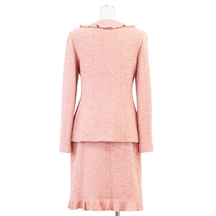 ヴィンテージ CHANEL シャネル セットアップ 99 A P 14302 ジャケット スカート ツイード ループ糸 ラッフル シグネチャー COCOマーク ボタン ロゴ メタルプレート スーツ バッグ付属 レディース 40 桃色 マルチ 仏製