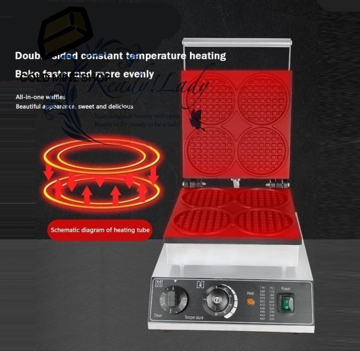業務用家庭用電気ワッフルメーカーアイロンラウンドシェイプ 4スライスディープフィルワッフルメーカー ノンスティックプレート タイマーと温度コントロール ステンレススチール クールタッチハンドル