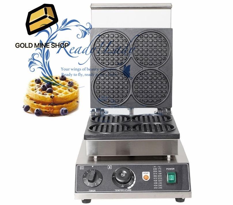 業務用家庭用電気ワッフルメーカーアイロンラウンドシェイプ 4スライスディープフィルワッフルメーカー ノンスティックプレート タイマーと温度コントロール ステンレススチール クールタッチハンドル