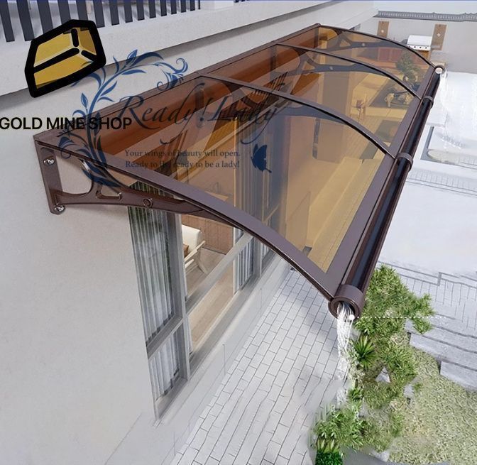 住宅用ひさし サンシェード オーニング屋根ひ PCポリカーボネート オーニング 雨雪保護 パティオ日除け 梅雨対策 庇 後付け シェルタートランスペアレント 屋根カバー 厚さ2.5mm アルミ合金ブラケット 茶色-60x200cm