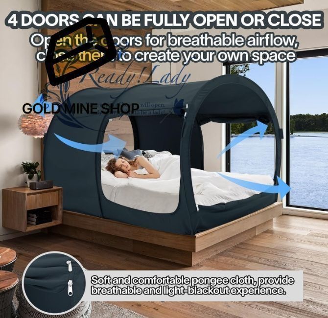 ベッドテント室内一人テント ワンタッチベッドキャノピー ぼっちテント シェルター 屋内プライバシーポップアップ 遮光テント 数秒取立 暖かい ブラック マットレスは含まれません