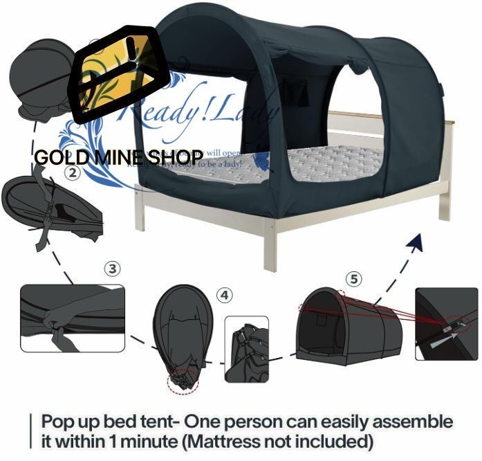 ベッドテント室内一人テント ワンタッチベッドキャノピー ぼっちテント シェルター 屋内プライバシーポップアップ 遮光テント 数秒取立 暖かい ブラック マットレスは含まれません MARWIL-DEMENAGEMENTS_CH