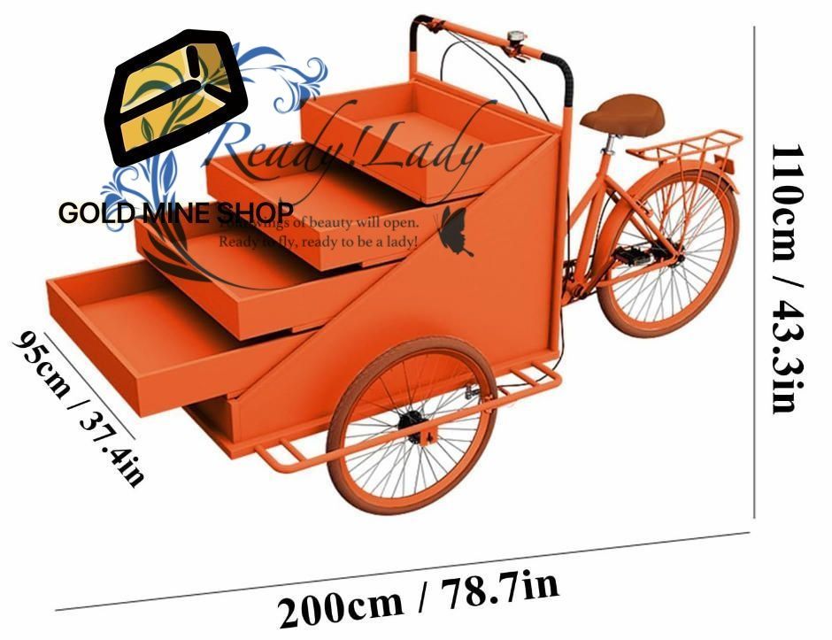 三輪車自動販売カートワゴンフラワーカートキオスクファーマーズマーケットブース屋外移動フードトラック 移動販売トラック コーヒーミルクティーナイトマーケットの屋台スナックカート オレンジ色