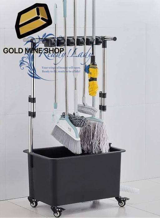 ほうきとモップホルダー ほうき フック 5位6鈎掃除用具入れ 濡れたモップを移動 床取り付けモップラック 床置き掃除ツールカートストレージ ガーデンガレージ学校 病院 工場 ホテル モップ排水ラック