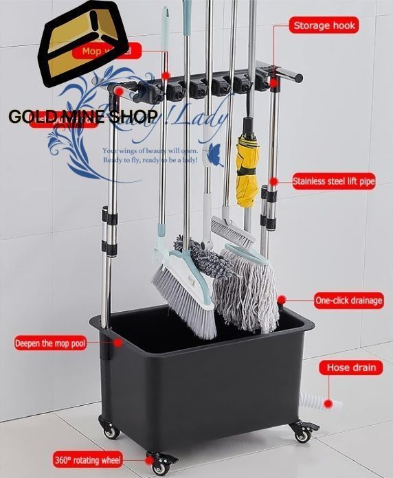 ほうきとモップホルダー ほうき フック 5位6鈎掃除用具入れ 濡れたモップを移動 床取り付けモップラック 床置き掃除ツールカートストレージ ガーデンガレージ学校 病院 工場 ホテル モップ排水ラック