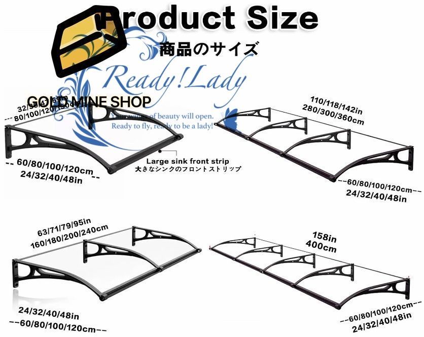 後付け 雨よけ 庇 テラス ひさし雨よけ玄関屋根 後付け庇 日よけ ウッドデッキ ベランダ アと窓用の屋外キャノピー 天蓋 屋根材 窓の庇ひさし雨よけ テラス屋根雨雪保護 アルミ合金ブラケット L100*W120cm
