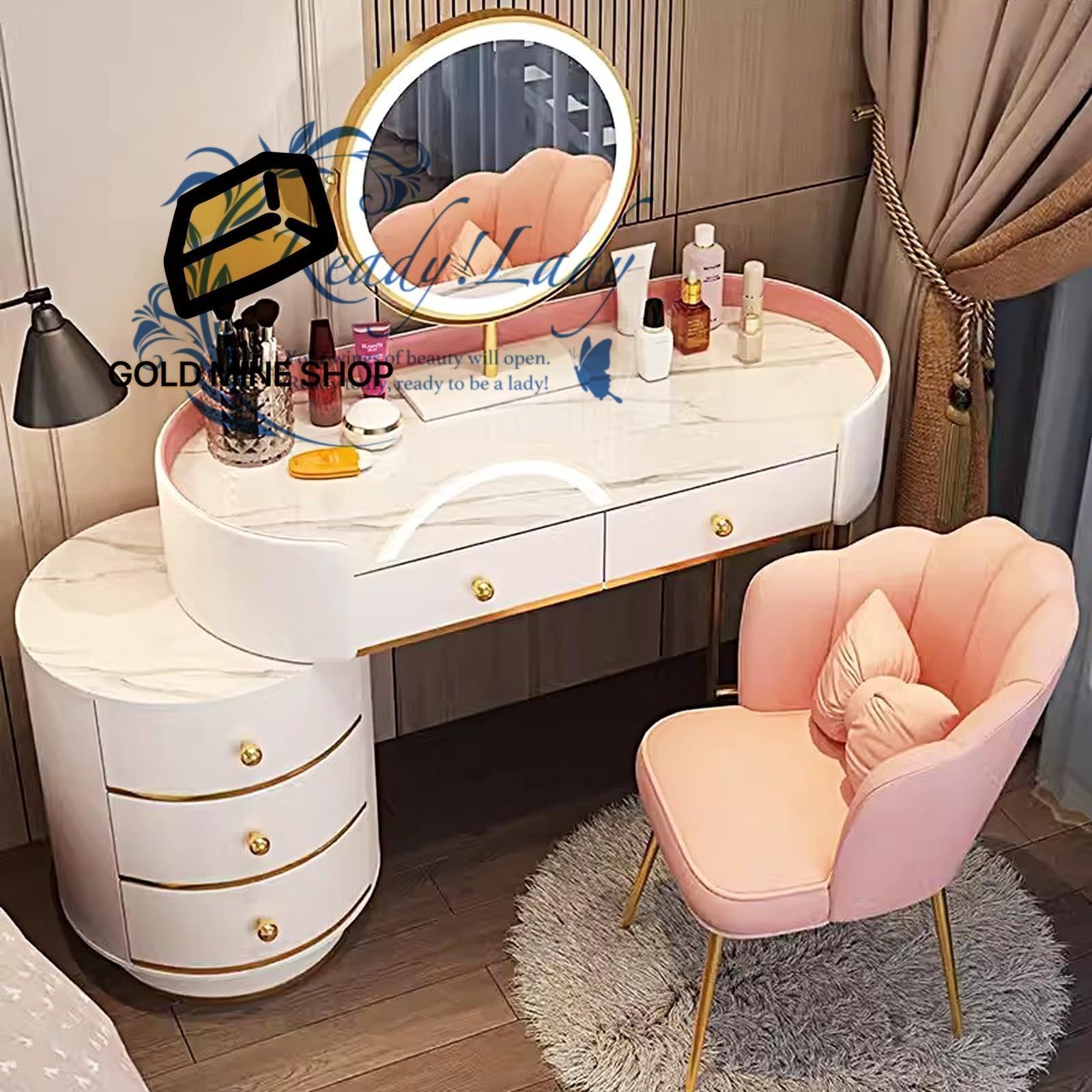 ドレッサー ドレッサーテーブル 引き出し付き大型化粧台セット モダンな焼結大理石トップ タッチスクリーン HD ミラー 5 つの引き出し付き化粧台セット Pink