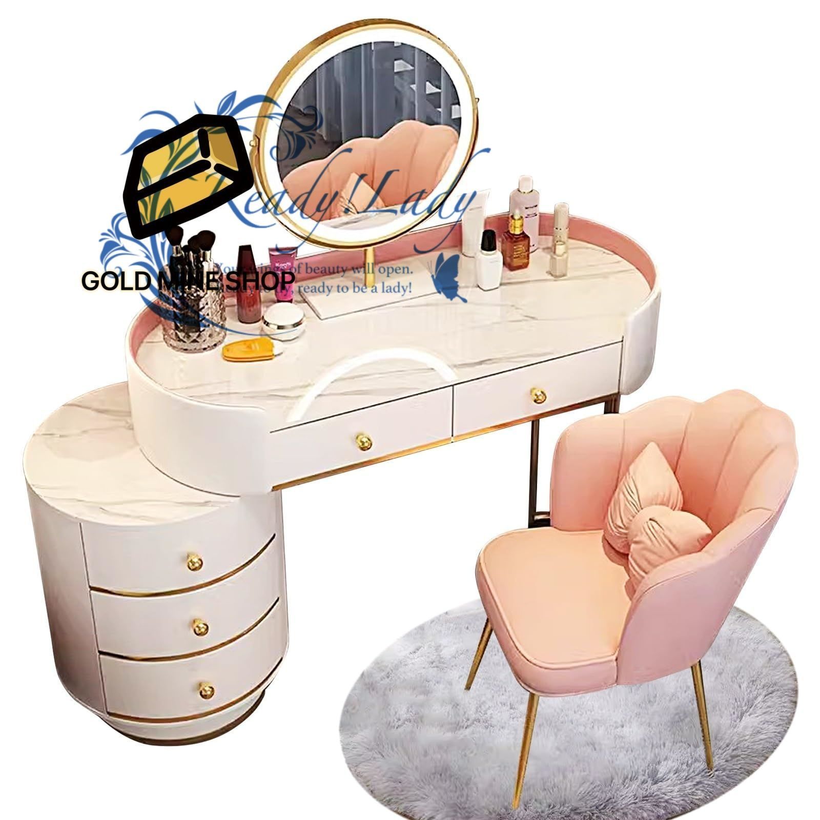 ドレッサー ドレッサーテーブル 引き出し付き大型化粧台セット モダンな焼結大理石トップ タッチスクリーン HD ミラー 5 つの引き出し付き化粧台セット Pink