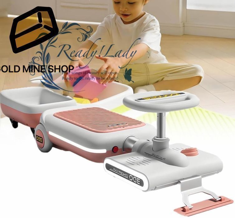 電動ウィグルカー 子供用クリーニングゴーカート トレーラー付き格納式ポータブルゴーカート クールなライト 音楽 ドリフトカートカーライドオンモップフロアクリーナー Pink