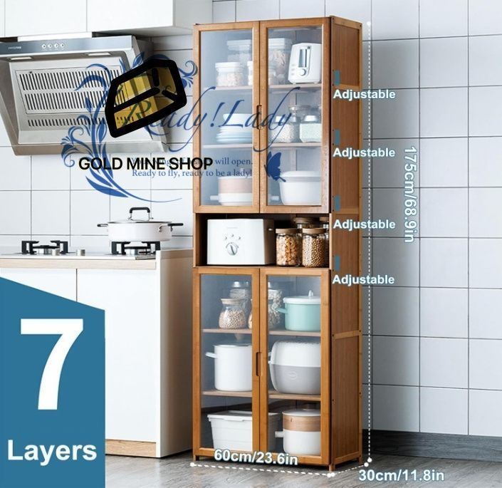 大容量 食器棚 食器だな 調節 な仕切り付き キッチン スリム 棚 食器だな 収納 パントリー 収納 多層構造 台所 収納 食器棚 ロータイプ 天然竹 すきま収納 175×60cm 68.9×23.6in