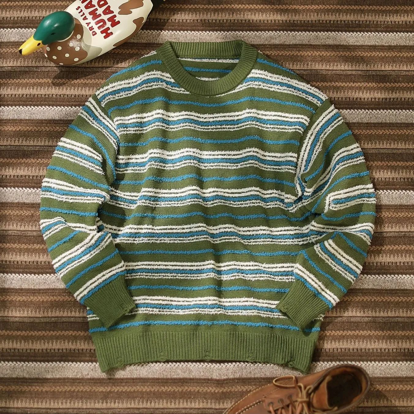 新品未使用 h 秋冬 新作 ユニセックス｜シンプル×配色ストライプ ラウンドネック ニットセーター ワイドシルエット｜厚手｜保温性◎｜カジュアル