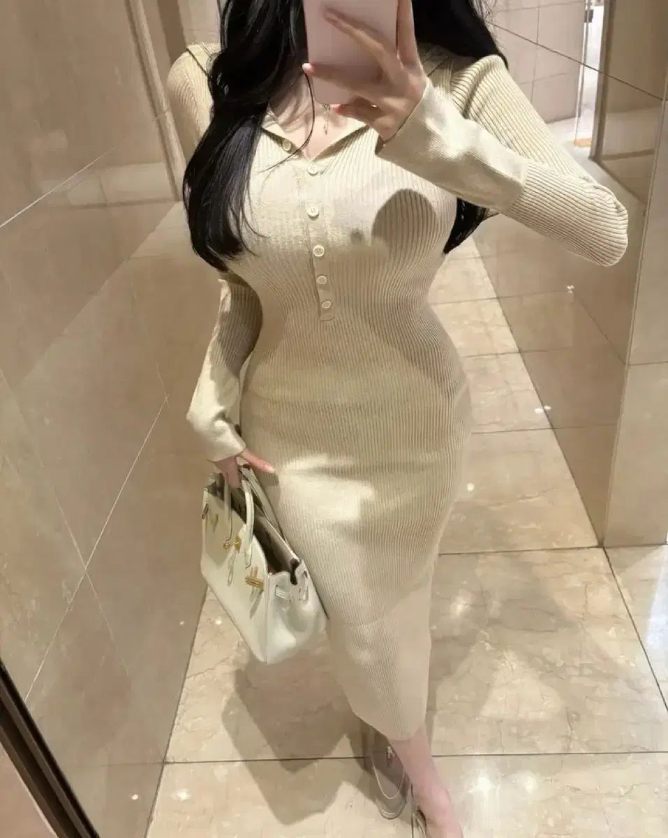 ニット ネック ボタン ロング ONE PIECE ベージュ