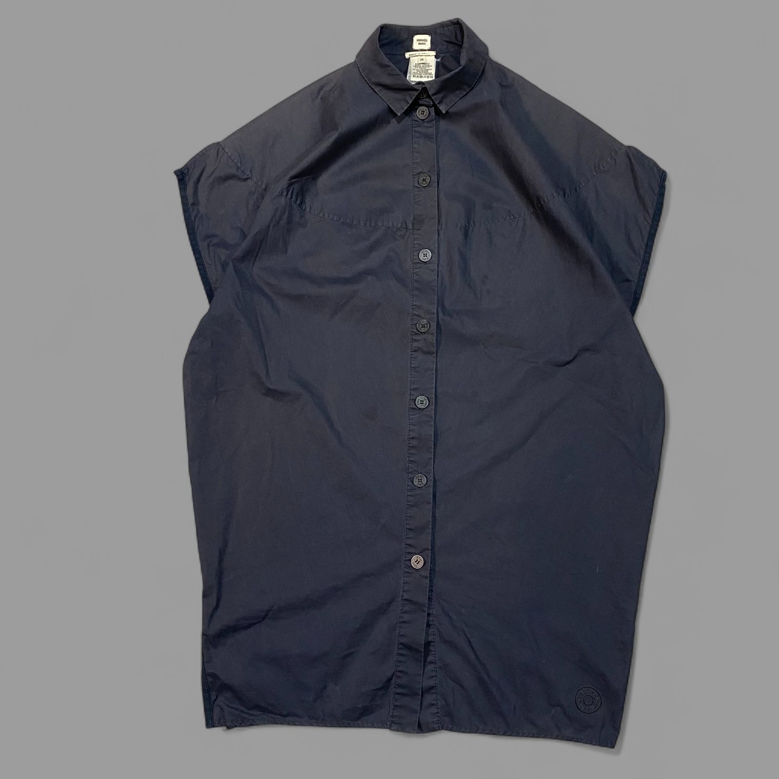 HERMES エルメス パリス 襟付き ノースリーブ シャツ 36 ネイビー KT60-D6-KG