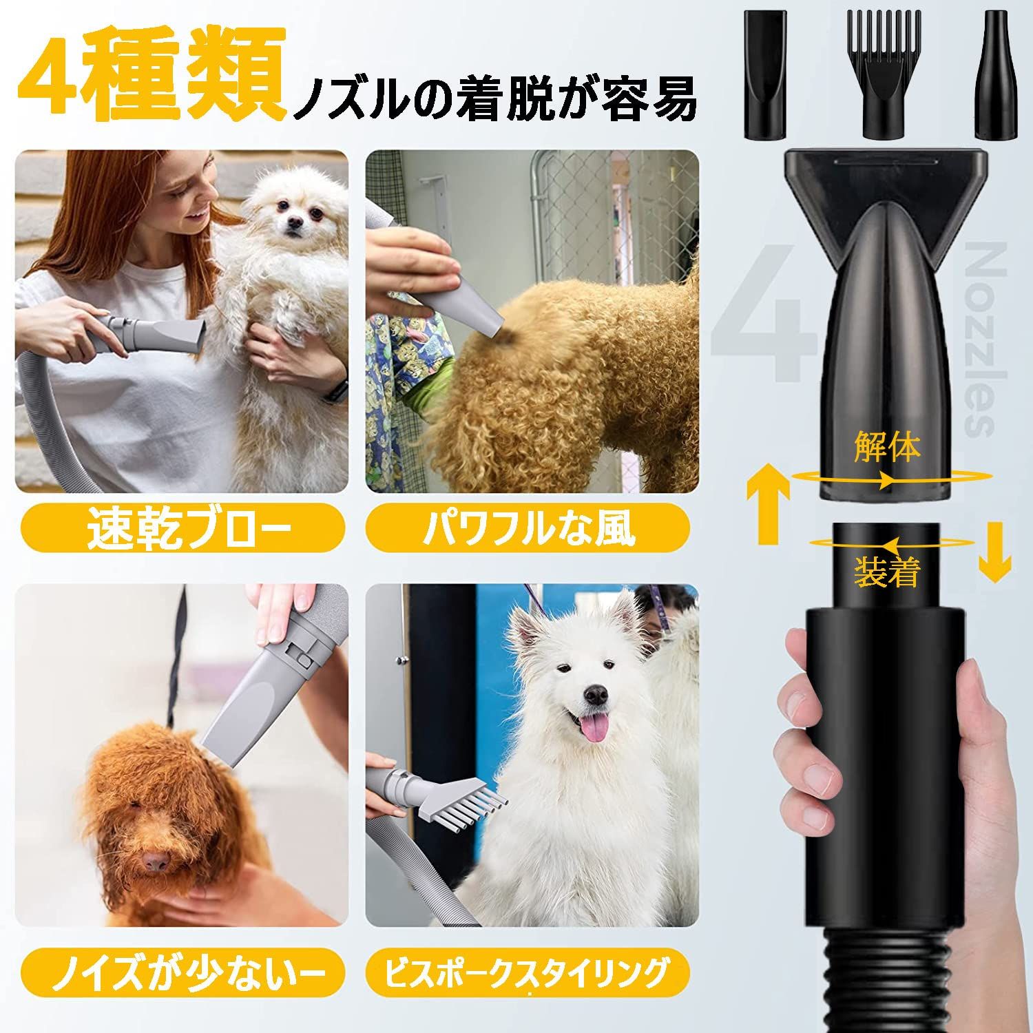 数量 ペットドライヤー 犬用ドライヤー 猫 犬 ドライヤー 大風量 犬用乾燥機 無段階風速制御 - ℃温度可調整 犬 ドライヤー 4種ノズル付き 日本語説明書 犬 猫兼用 - ホワイト