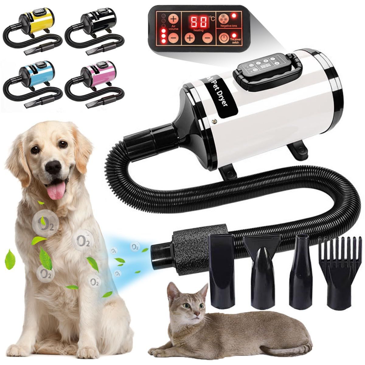 数量 ペットドライヤー 2800W 3.2HP 犬用ドライヤー LCDコントロール画面付き 6段階風速 猫 犬 ドライヤー 120m s 大風量 猫 犬用乾燥機 無段階風速制御 30-70℃温度可調整 犬ドライヤー 4種ノズル付き 日本語説明書 犬 猫兼用