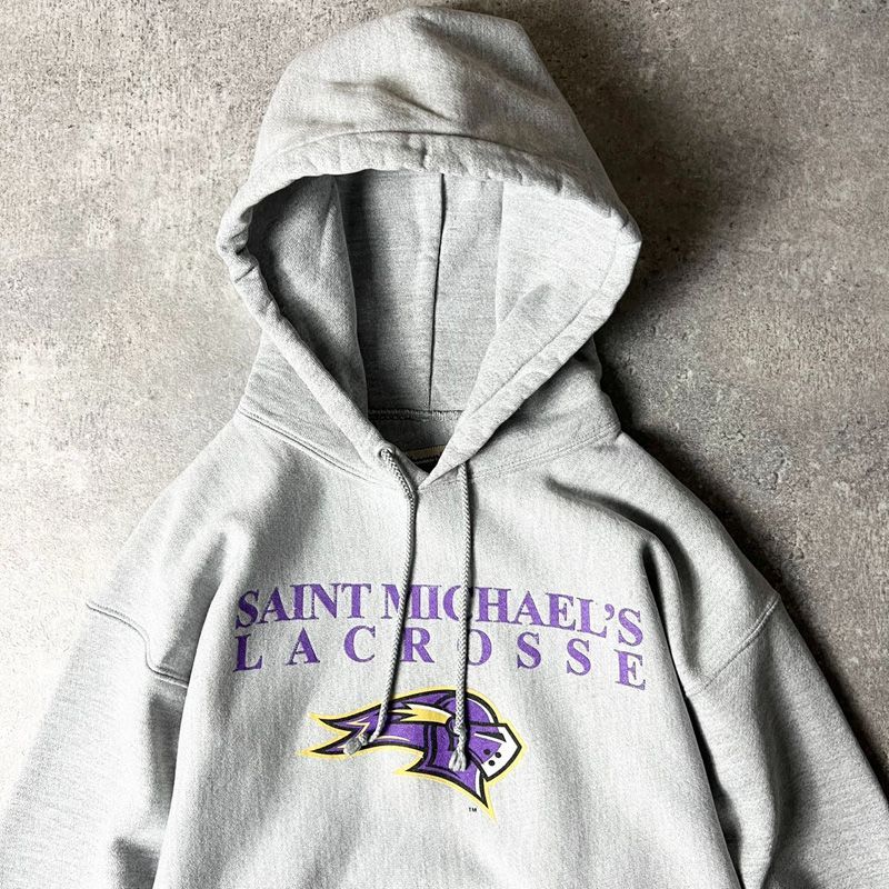 00s Champion 3段 カレッジ プリント リバースウィーブ スウェット フード パーカー M 00年代 チャンピオン トレーナー グレー