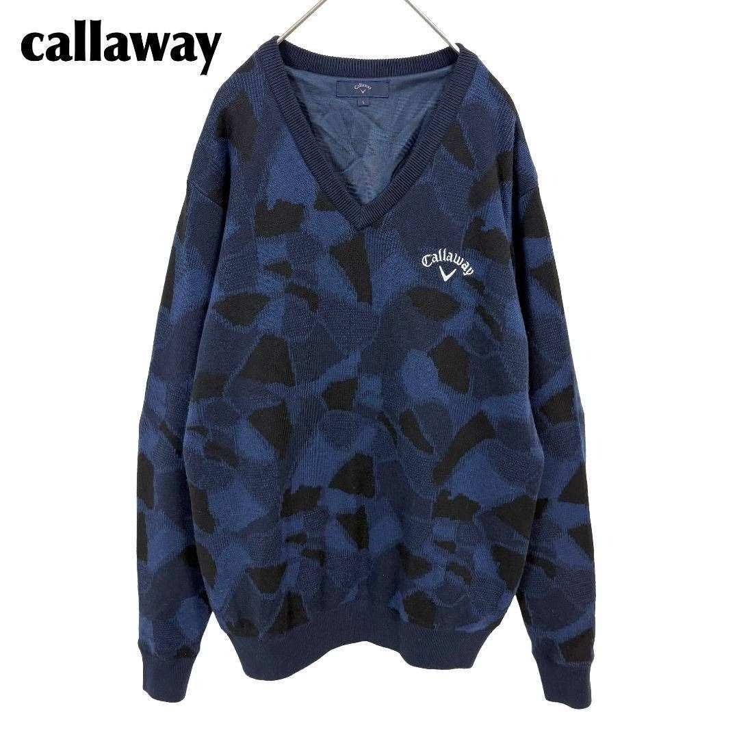callaway Vネック長袖ニット L ネイビー 胸元ロゴ刺繍 総柄