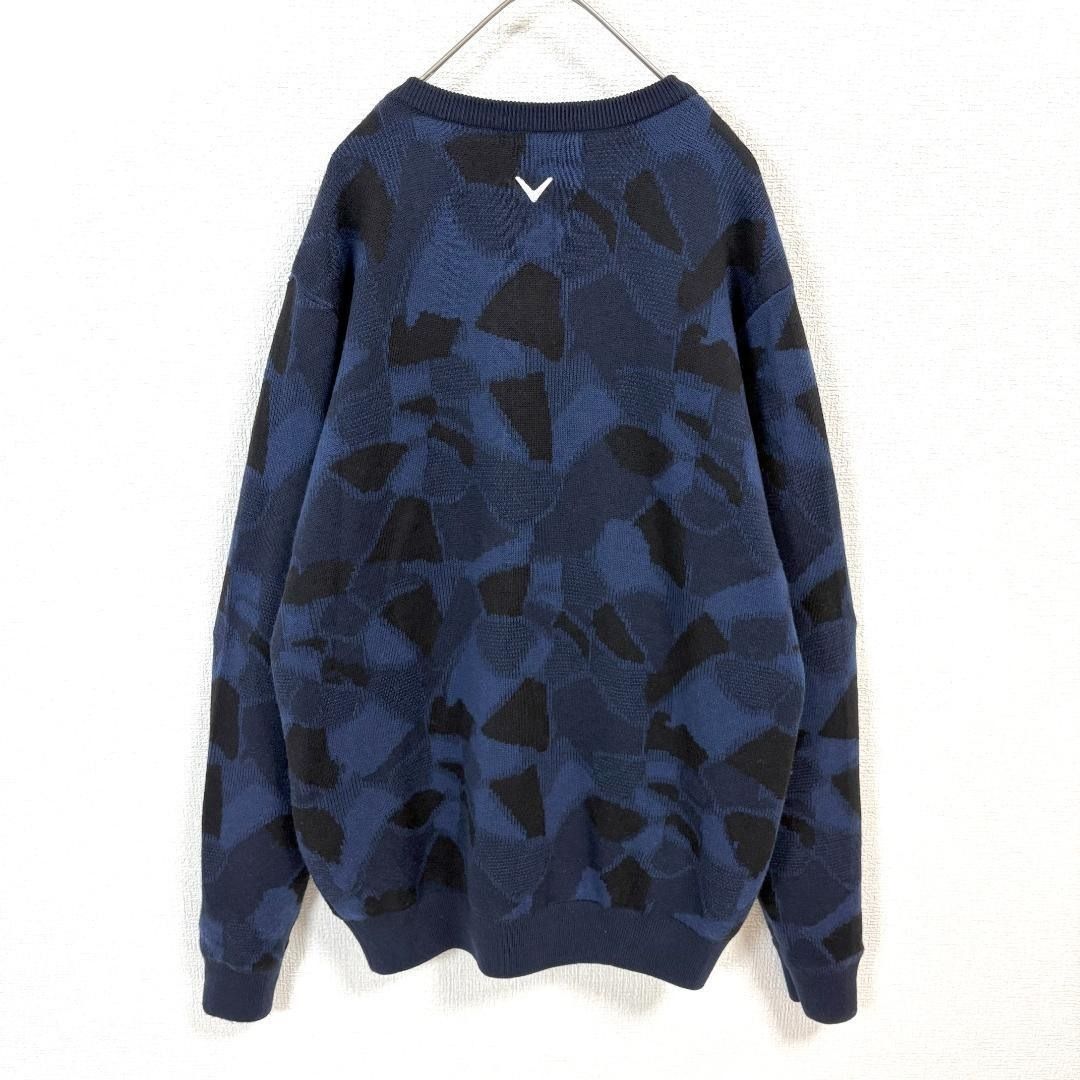callaway Vネック長袖ニット L ネイビー 胸元ロゴ刺繍 総柄