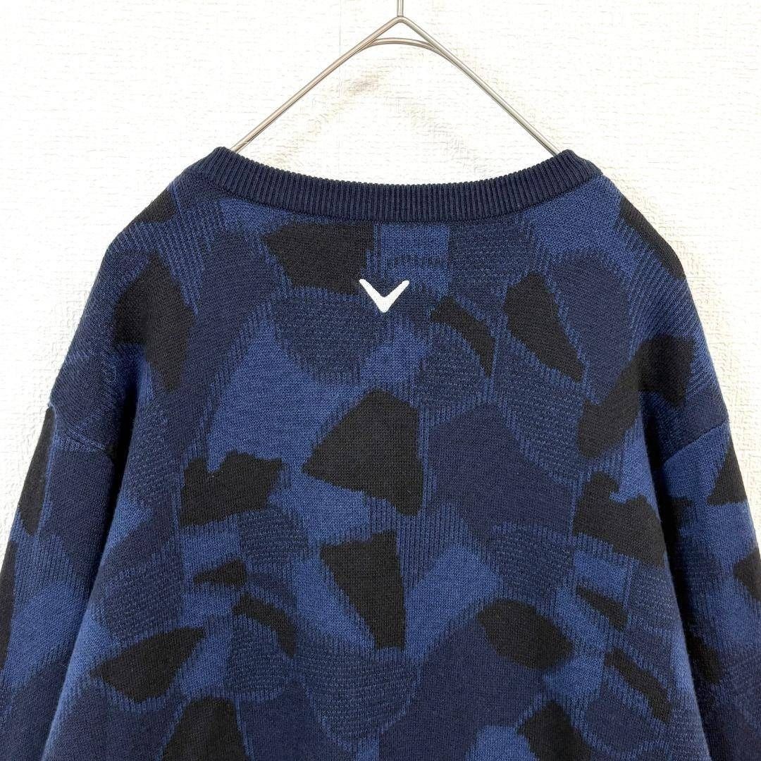 【美品】 callaway Vネック長袖ニット L ネイビー 胸元ロゴ刺繍 総柄 美品】 callaway Vネック長袖ニット L ネイビー 胸元ロゴ刺繍 総柄
